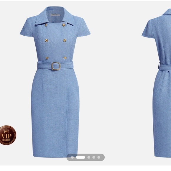 Fehaute Blue Sheath Wrap Midi Dress Crew Neck Work - Picture 2 of 4